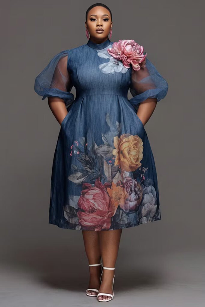 Plus Size Mother Of The Bride Blue Round Neck Puff Sleeve Short Sleeve Pocket 3D Denim Midi Dress