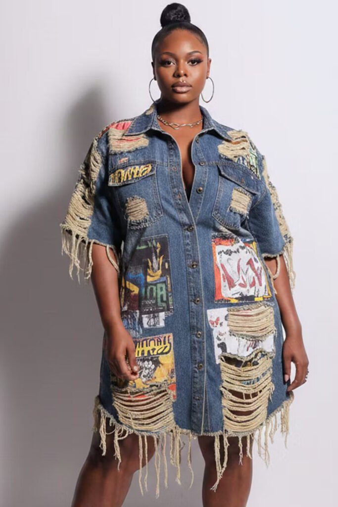 Plus Size Party Blue Graphic Shirt Collar Short Sleeve Distressed Denim Mini Dress