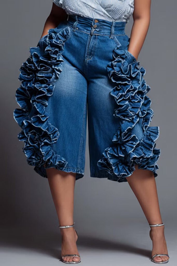 Plus Size Party Blue Ruffle Pocket Denim Jeans