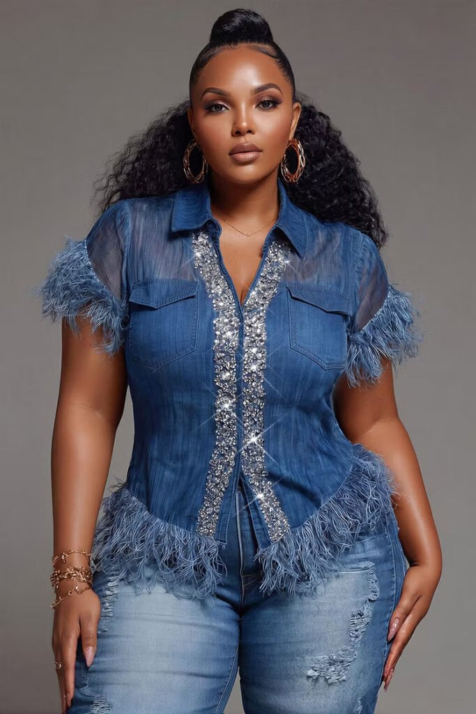 Plus Size Party Blue Shirt Collar Short Sleeve Feather See Through Tencel Denim Blouse