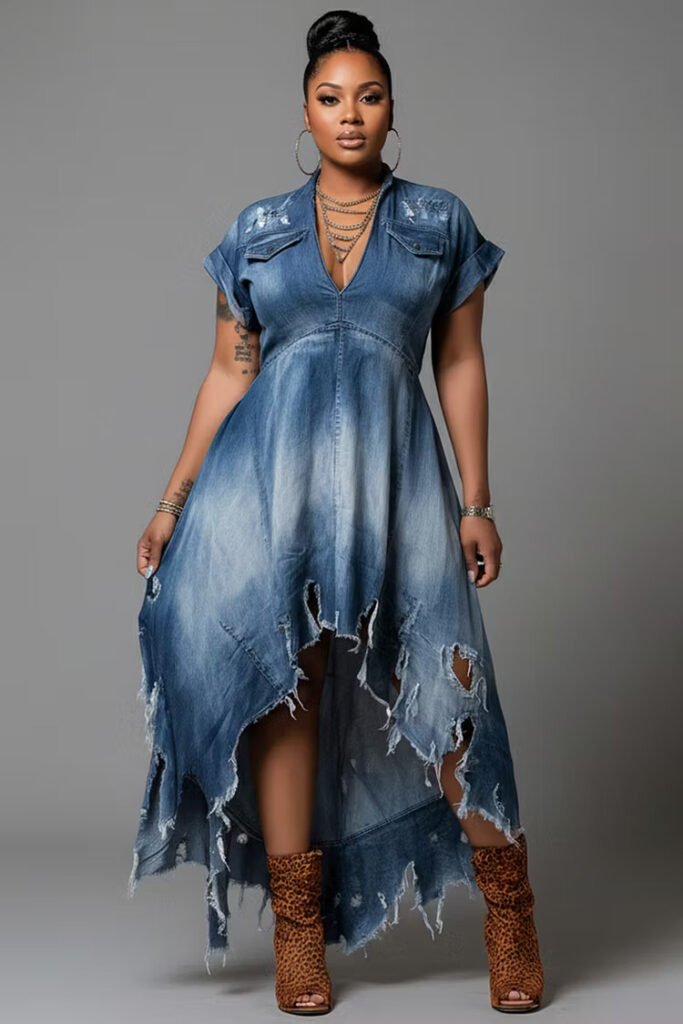 Plus Size Party Blue V Neck Short Sleeve Ripped Asymmetric Hem Denim Midi Dress