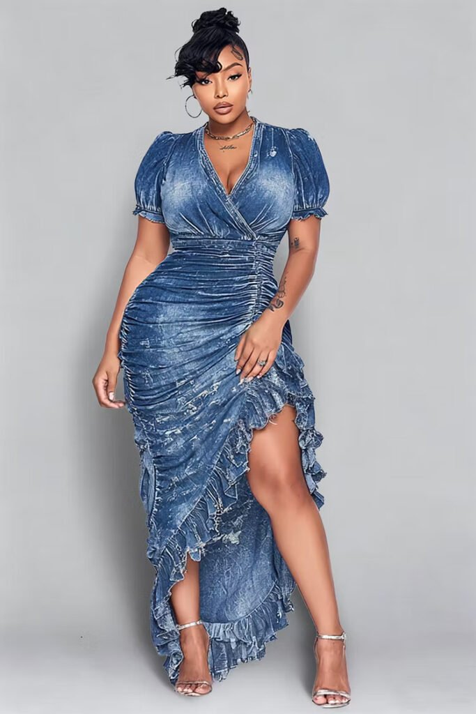Plus Size Party Blue Wrap Neck Short Sleeve Fold Split Denim Midi Dress