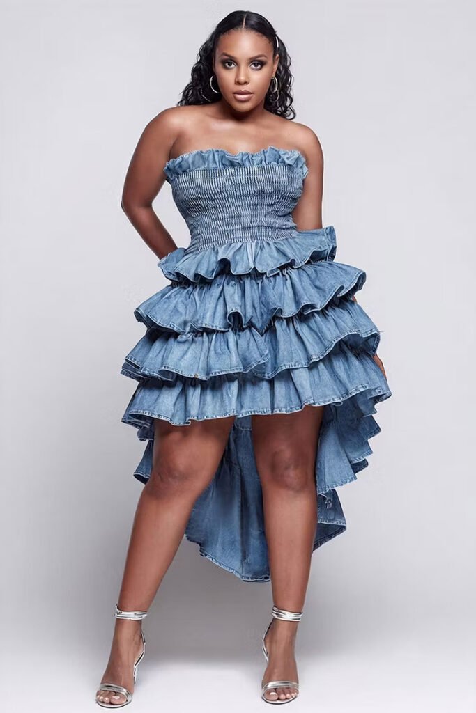 Plus Size Party Elegant Blue Strapless Ruffle Tiered Tencel Denim Mini Dress