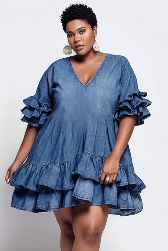 Plus Size Party Elegant Blue V Neck Short Sleeve Ruffle Tiered Tencel Denim Mini Dress