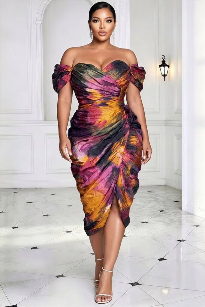 Plus Size Party Elegant Purple All Over Print Off The Shoulder Short Sleeve Split Fold Midi Dress