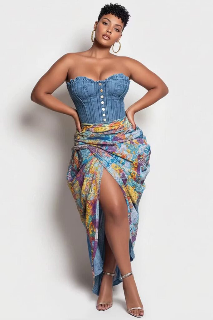 Plus Size Party Light Blue Graphic Split Fold Denim Two Piece Skirt Set