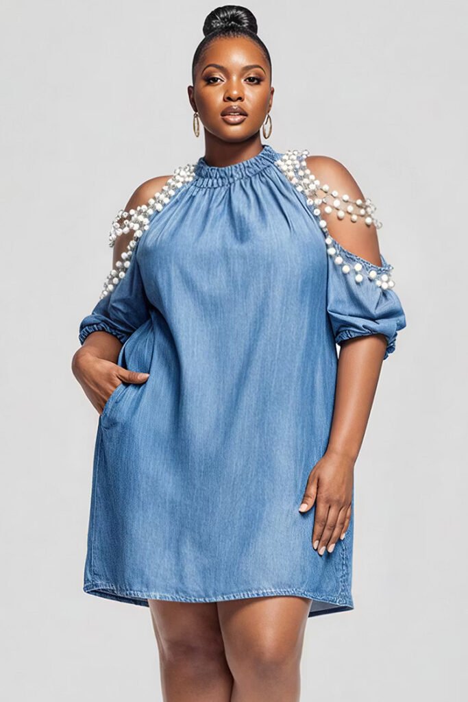 Plus Size Party Light Blue Round Neck Cold Shoulder Short Sleeve Pocket Pearls Tencel Denim Mini Dress