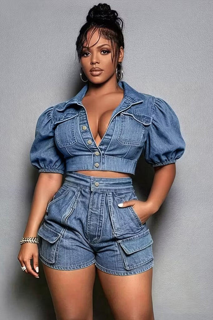 Plus Size Party Light Blue Shirt Collar Short Sleeve Pocket Crop Denim Two Piece Short Set