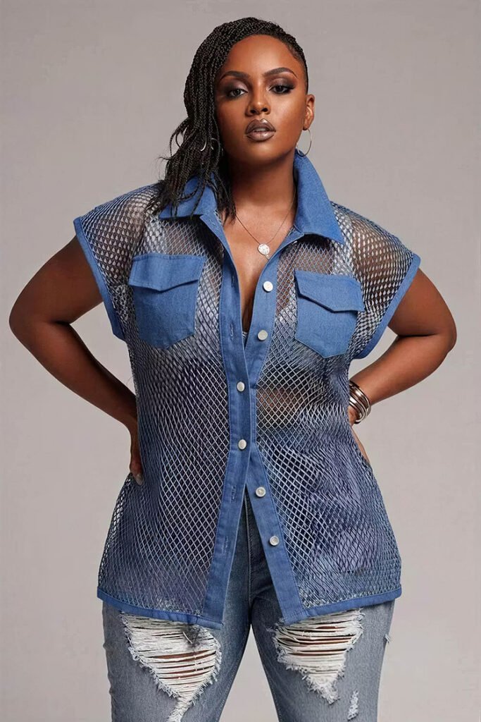 Plus Size Party Light Blue Shirt Collar Short Sleeve See Through Blouse