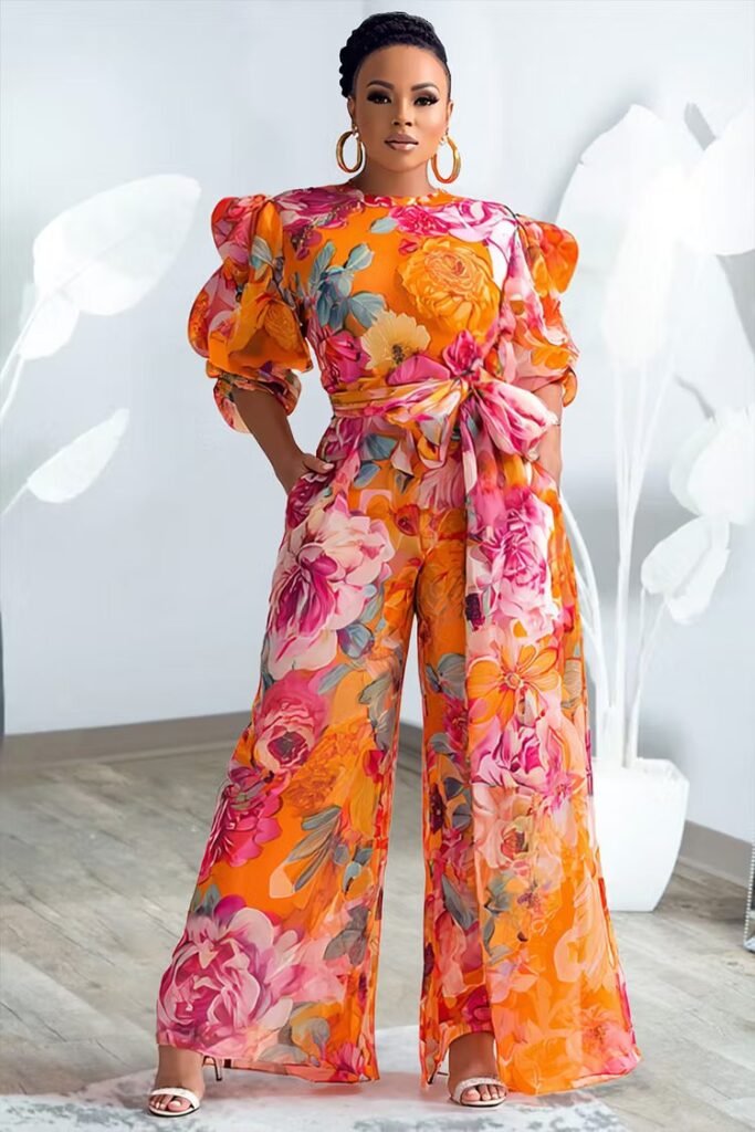 Plus Size Party Orange Floral Round Neck Puff Sleeve Short Sleeve Pocket Wrap Chiffon Jumpsuit