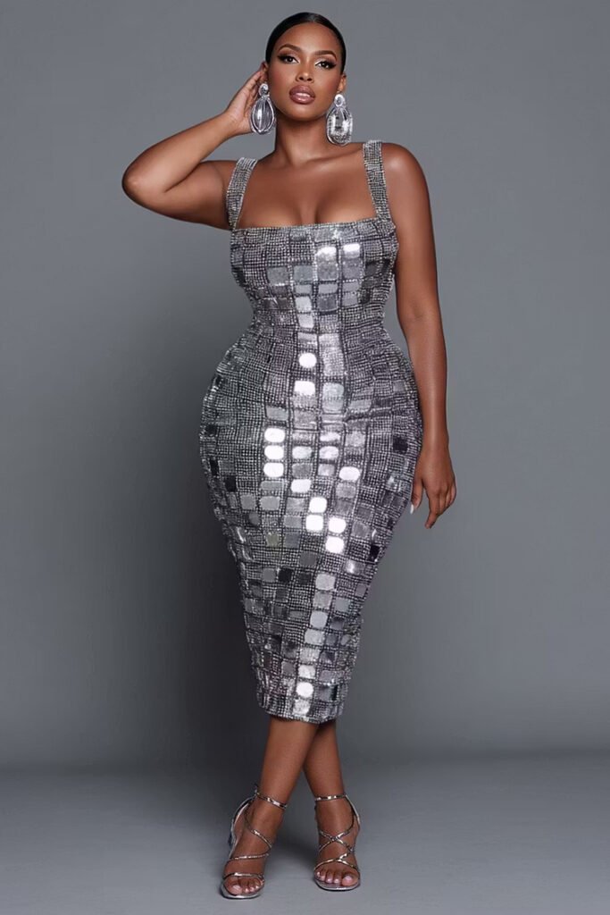 Plus Size Party Silver Square Neck Bodycon Sequin Midi Dress