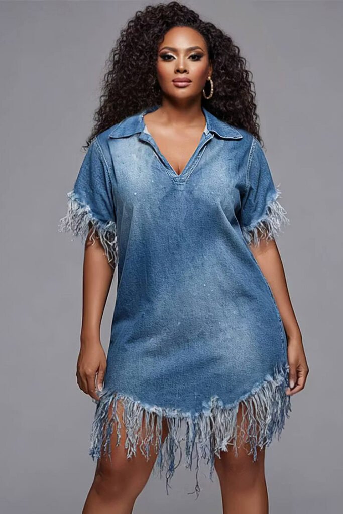 Plus Size Party Vintage Blue V Neck Short Sleeve Strappy Denim Mini Dress