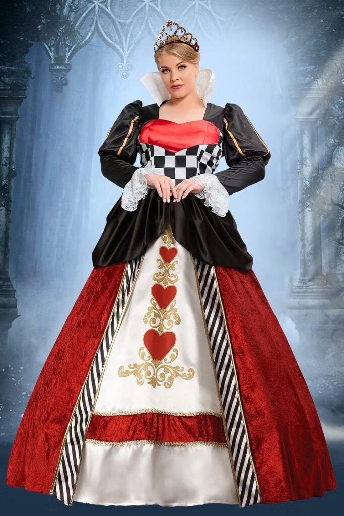Plus Size Queen Of Hearts Halloween Costumes Checkered Print Lace Puff Sleeves Maxi Dress