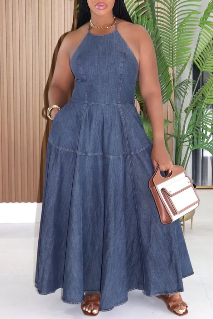 Plus Size Vacation Blue Halter Collar Pocket Denim Maxi Dress