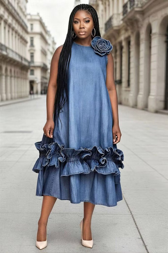 Plus Size Vacation Light Blue Round Neck 3D Ruffle Tencel Denim Midi Dress