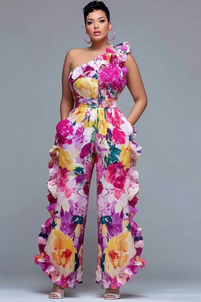 Plus Size Vacation Pink Floral One Shoulder Ruffle Pocket Jumpsuit