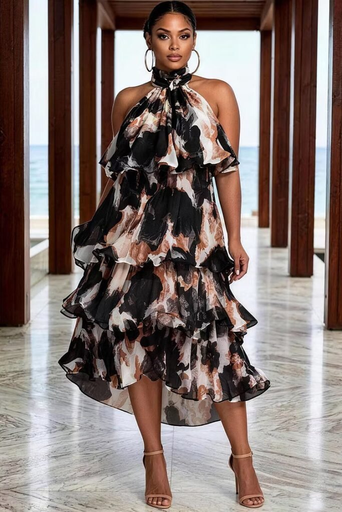 Plus Size Wedding Guest Black All Over Print Halter Collar Ruffle Chiffon Midi Dress