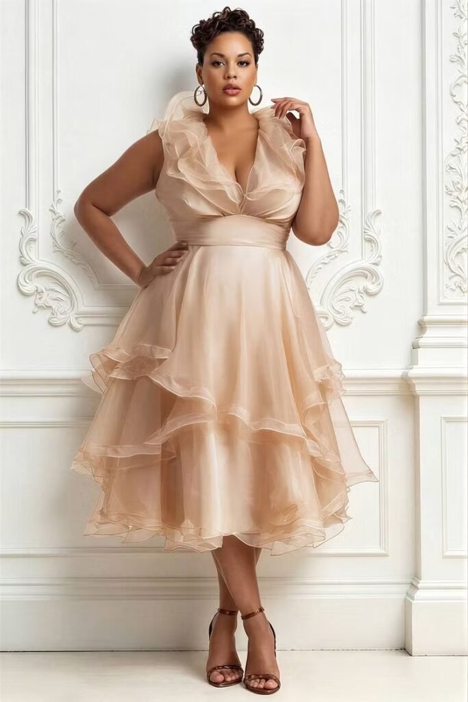 Plus Size Wedding Guest Champagne V Neck Ruffle Tulle Midi Dress