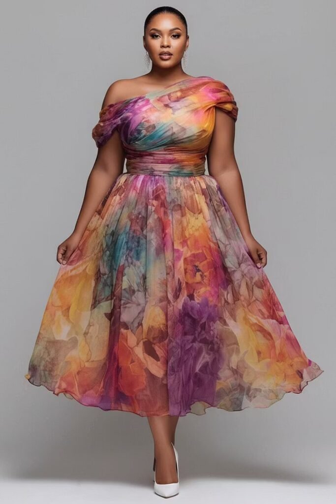 Plus Size Wedding Guest Elegant Multicolor Floral Oblique Collar Chiffon Midi Dress