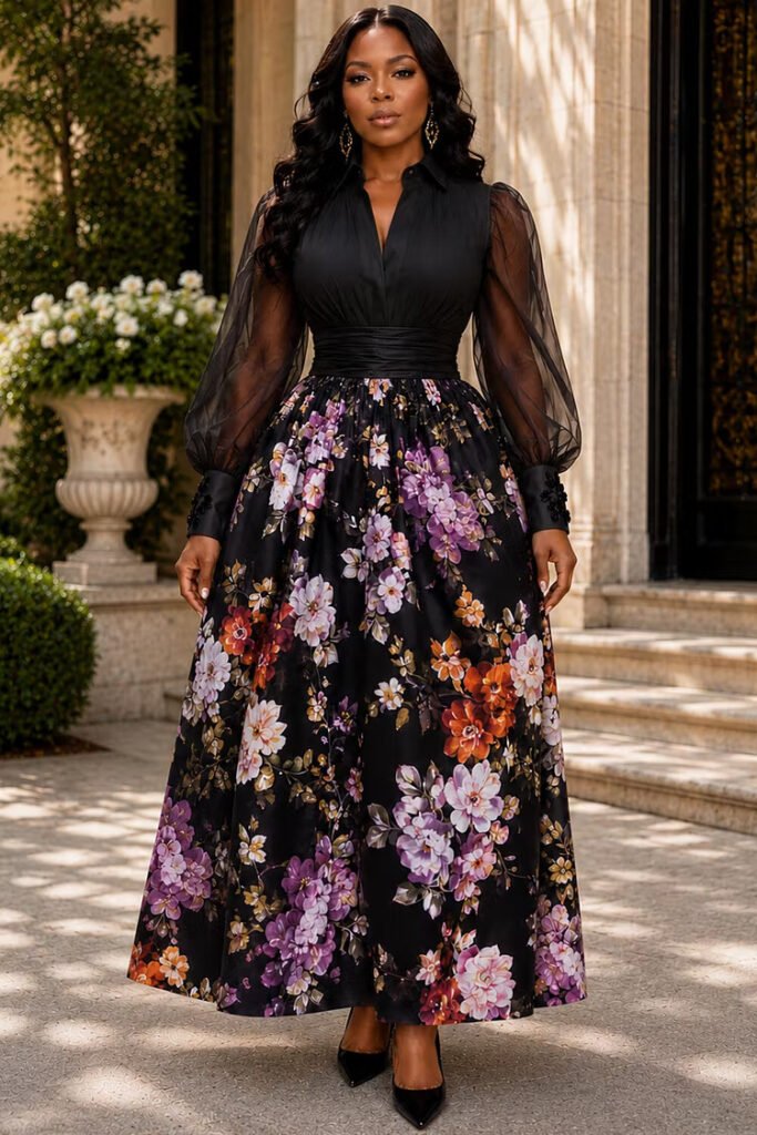 Plus Size Wedding Guest Elegant Satin Black Floral Shirt Collar Puff Sleeve Long Sleeve See Through Contrast Tulle Maxi Dress
