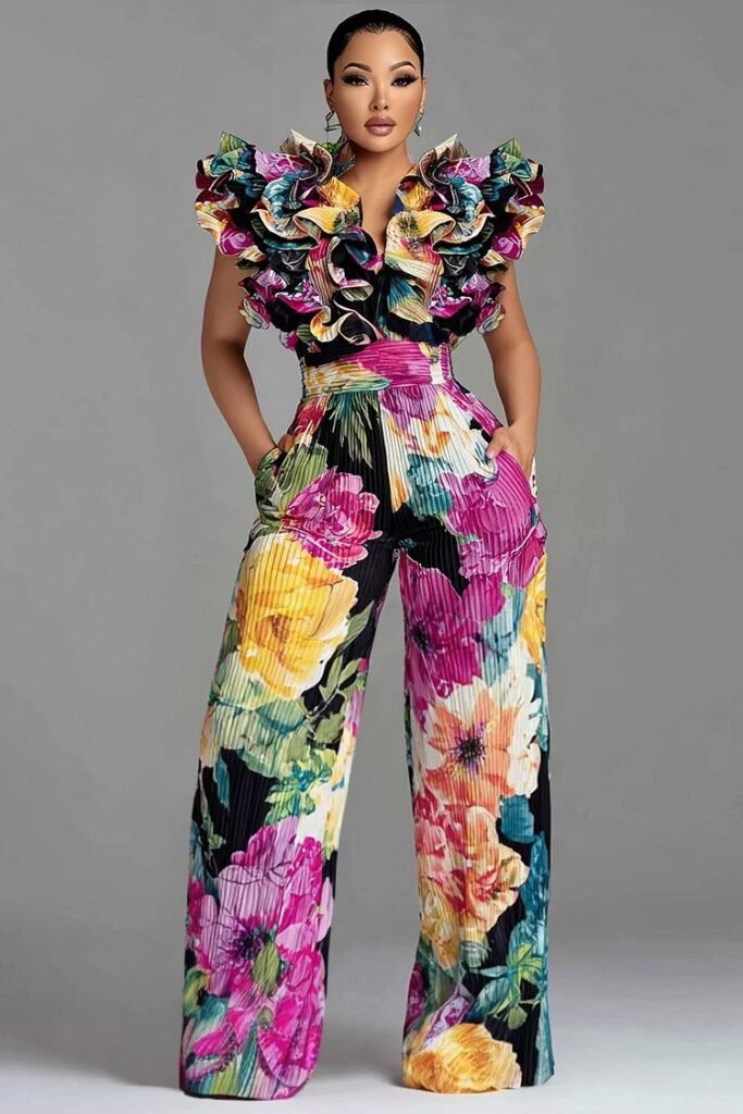 Plus Size Wedding Guest Multicolor All Over Print V Neck 3D Pocket Jumpsuit