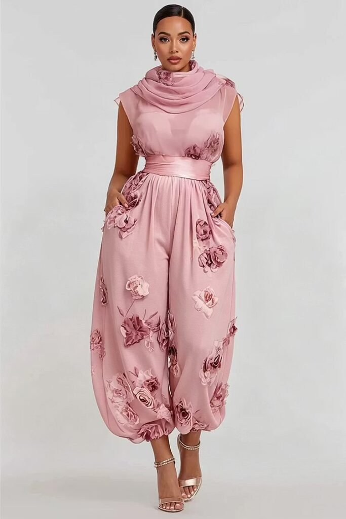 Plus Size Wedding Guest Pink Floral Cowl Neck Pocket Chiffon Jumpsuit