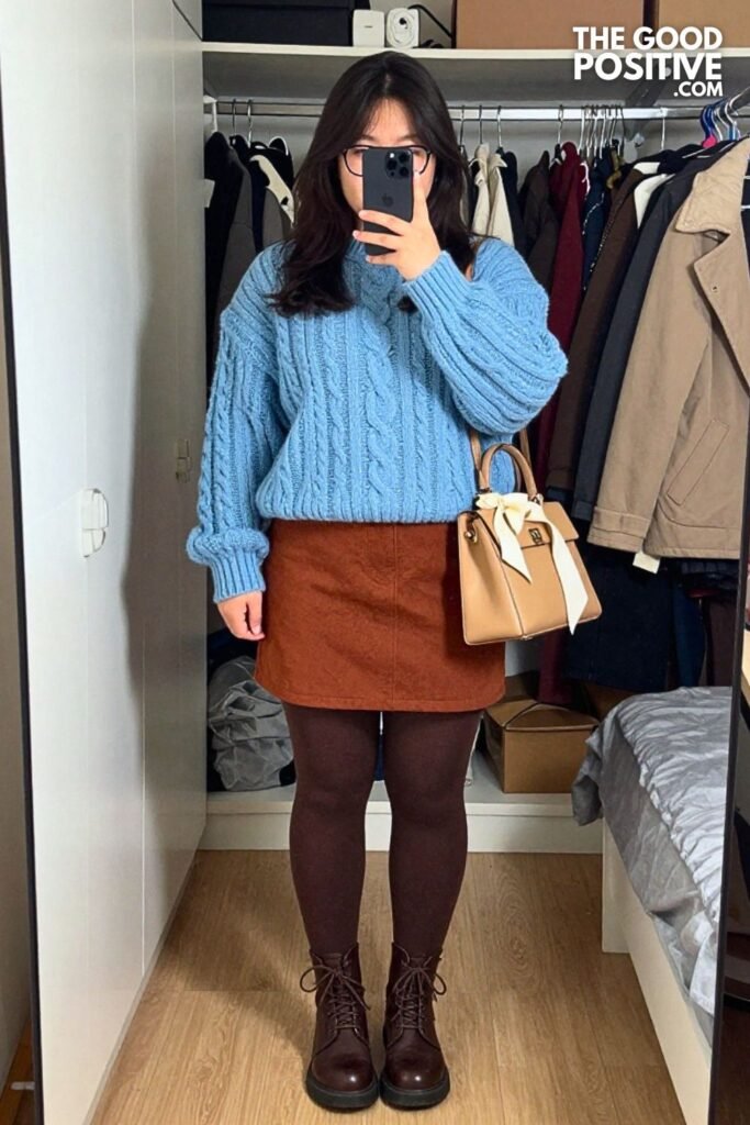 Powder Blue Cable Sweater with Rust A-Line Mini Skirt