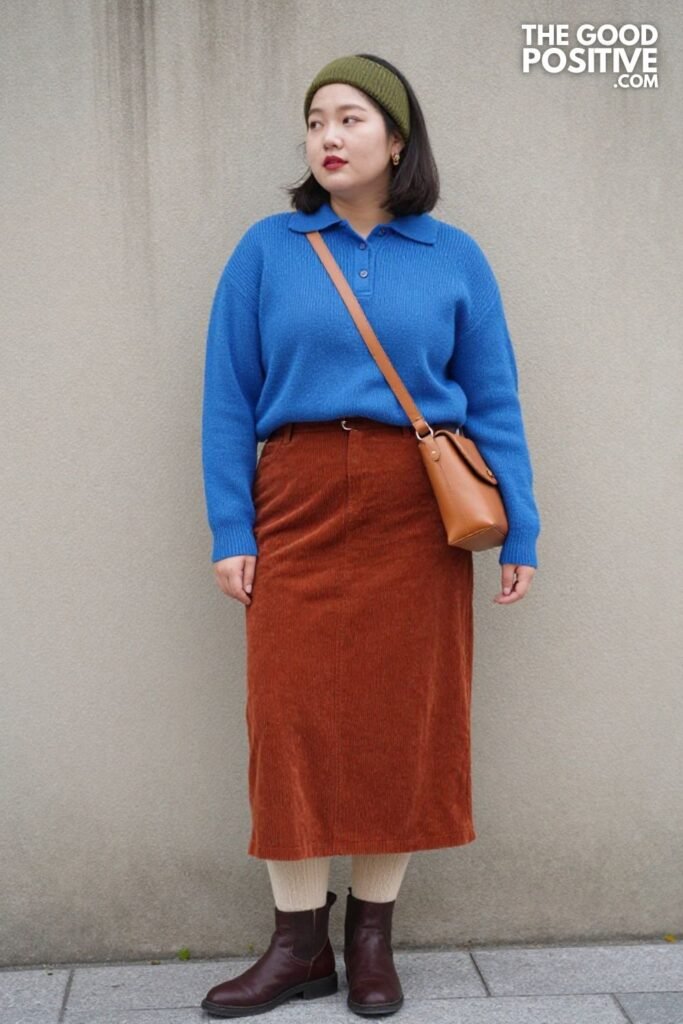 Powder Blue Knit Polo with Rust Corduroy Maxi Skirt