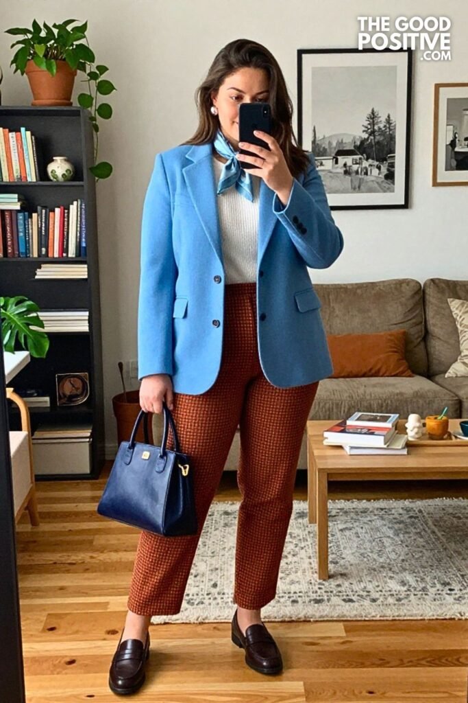 Powder Blue Wool Blazer with Rust Gingham Trousers
