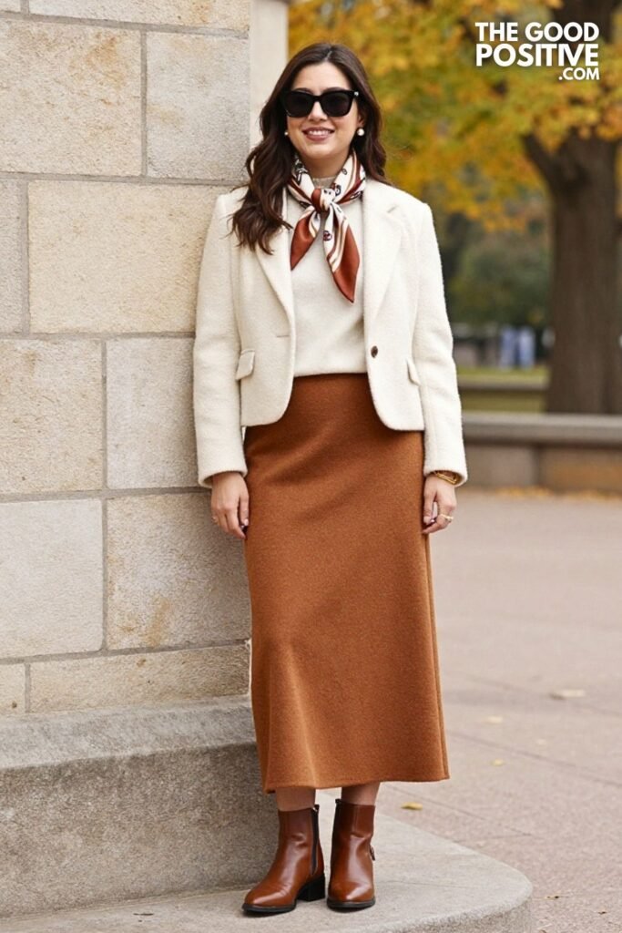 Prince of Wales Blazer with Cinnamon Wool Maxi Skirt
