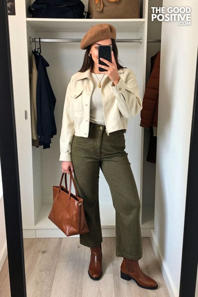 Pumpkin Cropped Barn Jacket with Olive Wide-Leg Trousers