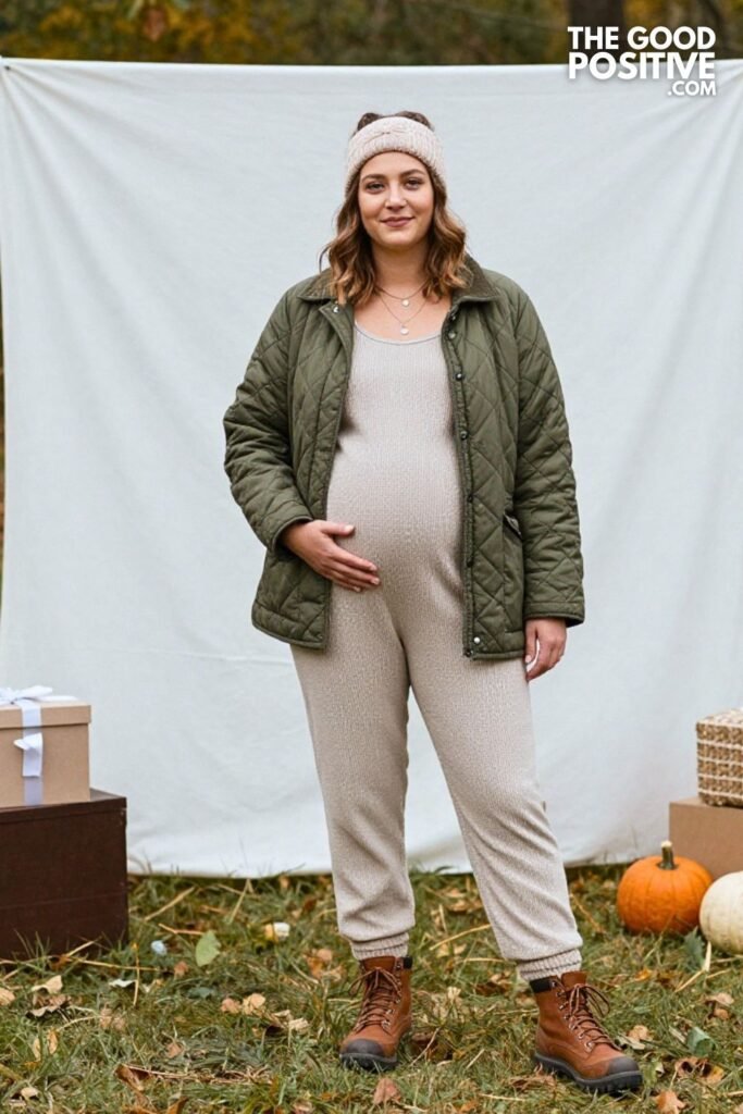 Quilted Barn Jacket with Waffle Knit Jumpsuit and Lace-Up Hiking Boots