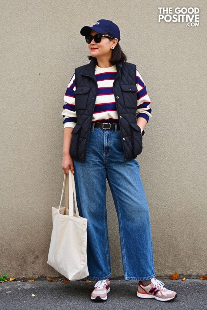 Quilted Utility Vest with Rugby Shirt and Wide Leg Jeans