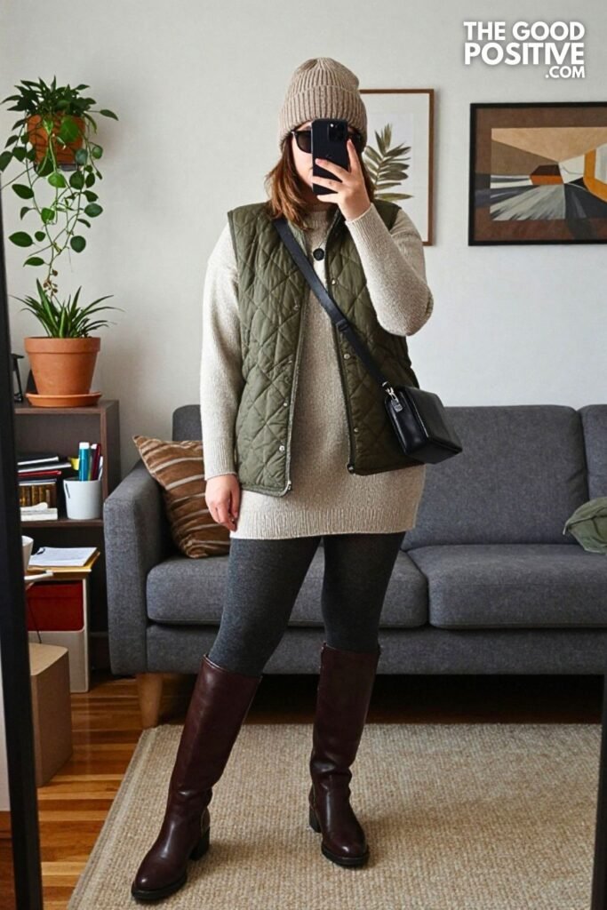 Quilted Vest Layered Over Rugby Knit Dress