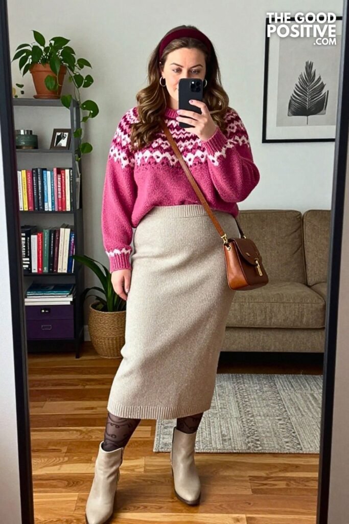 Raspberry Fair Isle Sweater with Espresso Column Skirt
