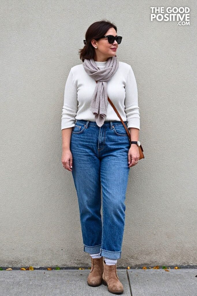 Ribbed Mock Neck Top with Patch Pocket Jeans and Desert Boots