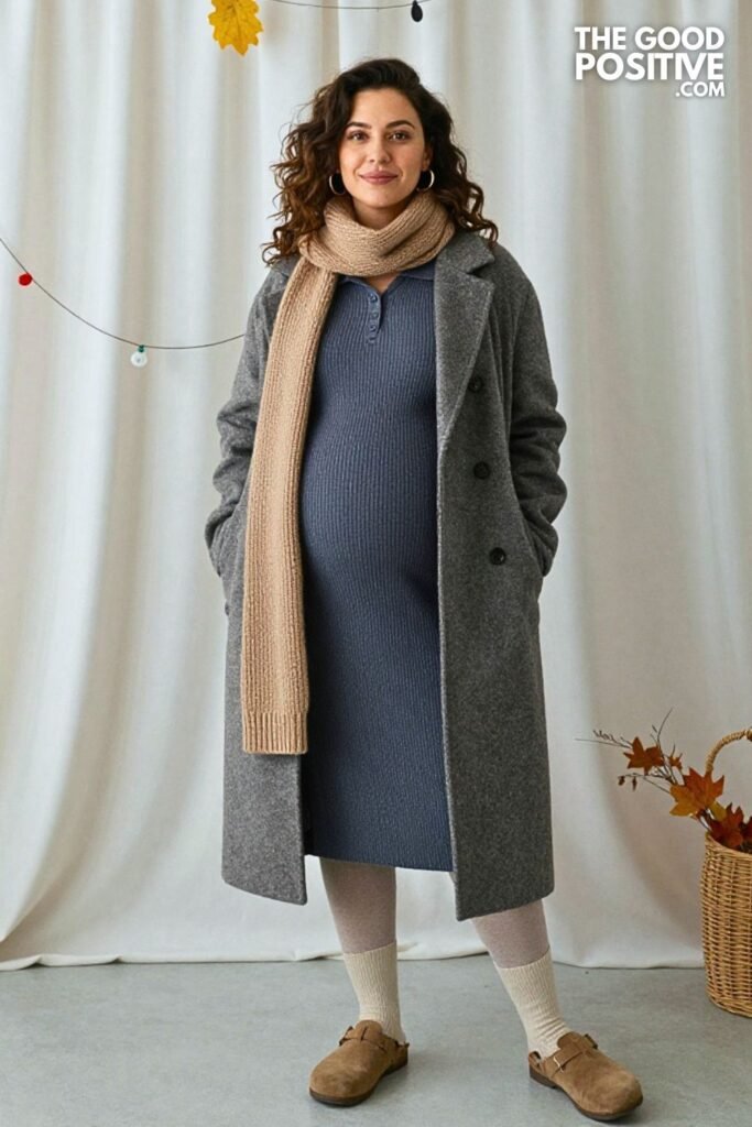 Ribbed Sweater Polo Dress with Suede Clogs and Wool Coat