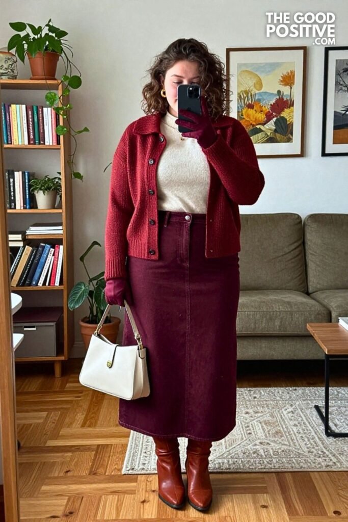 Rosewood Knit Jacket with Emerald Denim Maxi Skirt