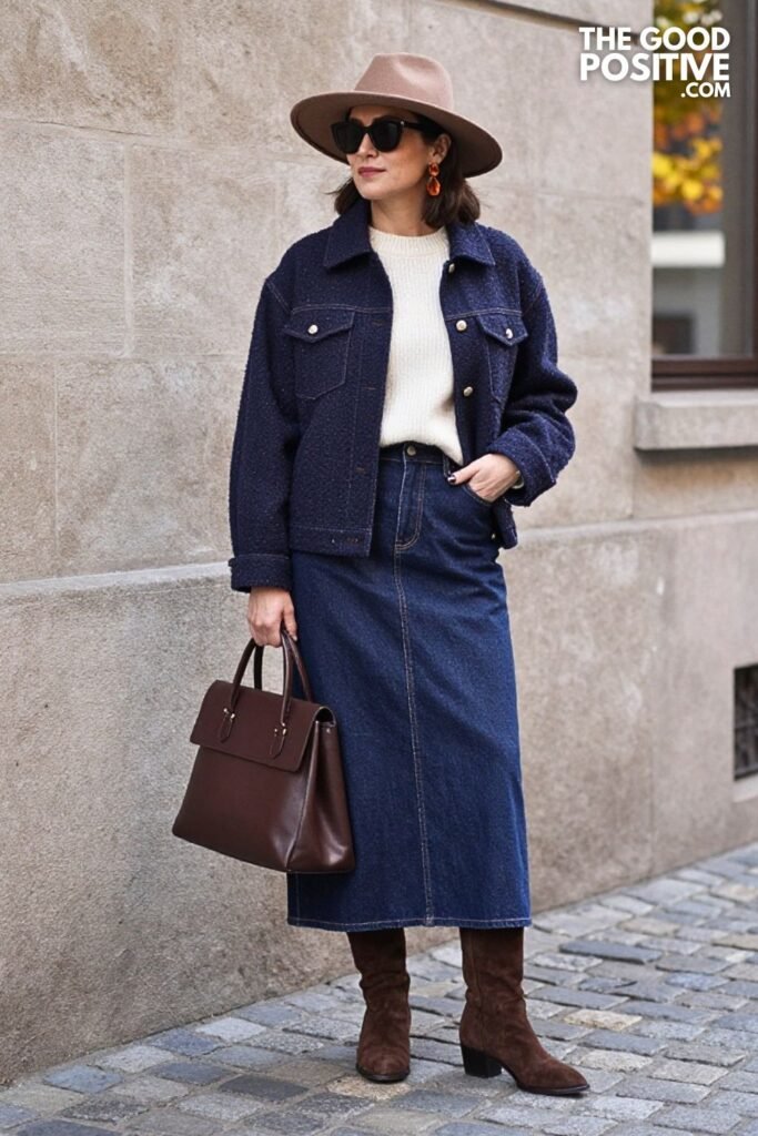 Deep Indigo Jacket With Deep Indigo Denim Maxi Skirt