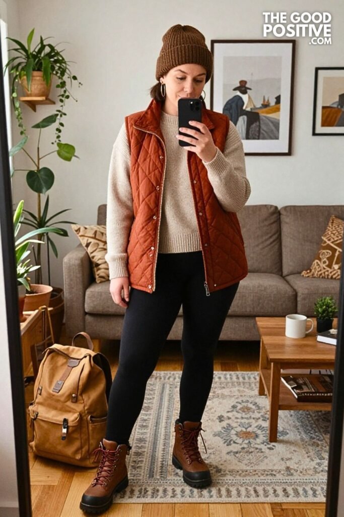 Rust Quilted Vest with Black Ponte Leggings