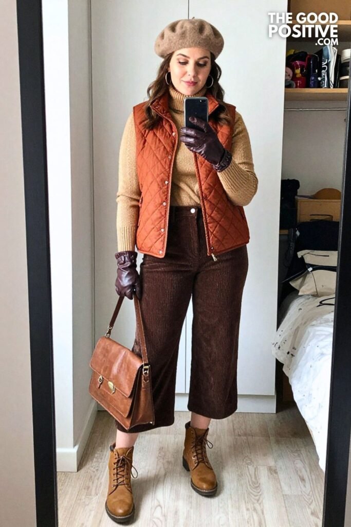 Rust Quilted Vest with Espresso Corduroy Culottes