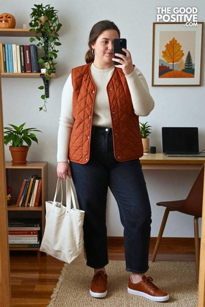 Rust Quilted Vest with Fine Gauge Sweater and Straight Leg Jeans