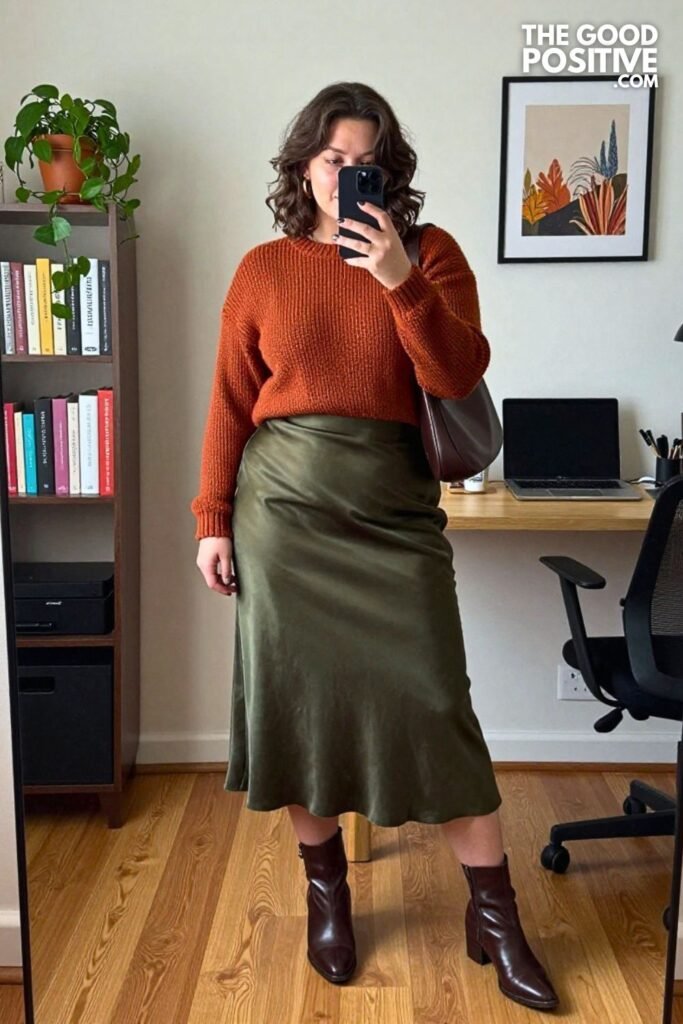Rust Textured Sweater with Dark Olive Satin Midi Skirt
