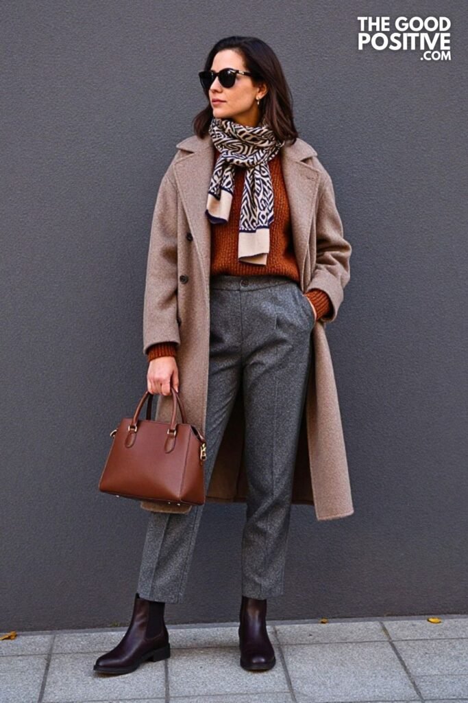 Rust Textured Sweater with Slate Gray Tailored Trousers
