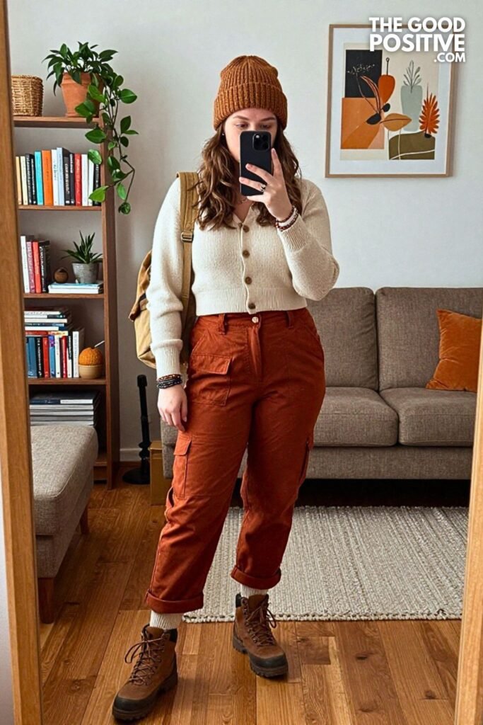 Rust Utility Jumpsuit with Cropped Cardigan and Lace-Up Hiking Boots