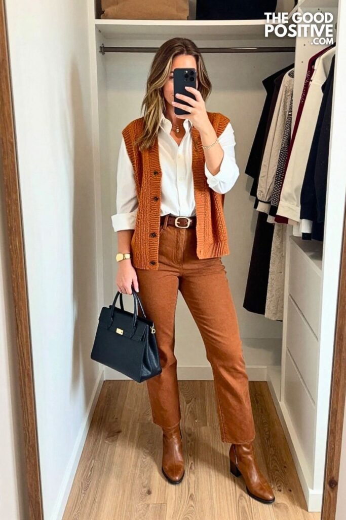 Saffron Knit Vest with Cinnamon Straight Jeans