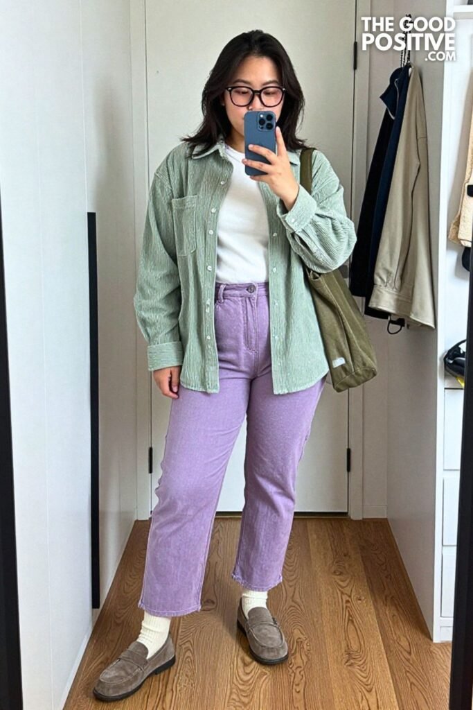Sage Corduroy Overshirt with Lavender Straight-Leg Pants