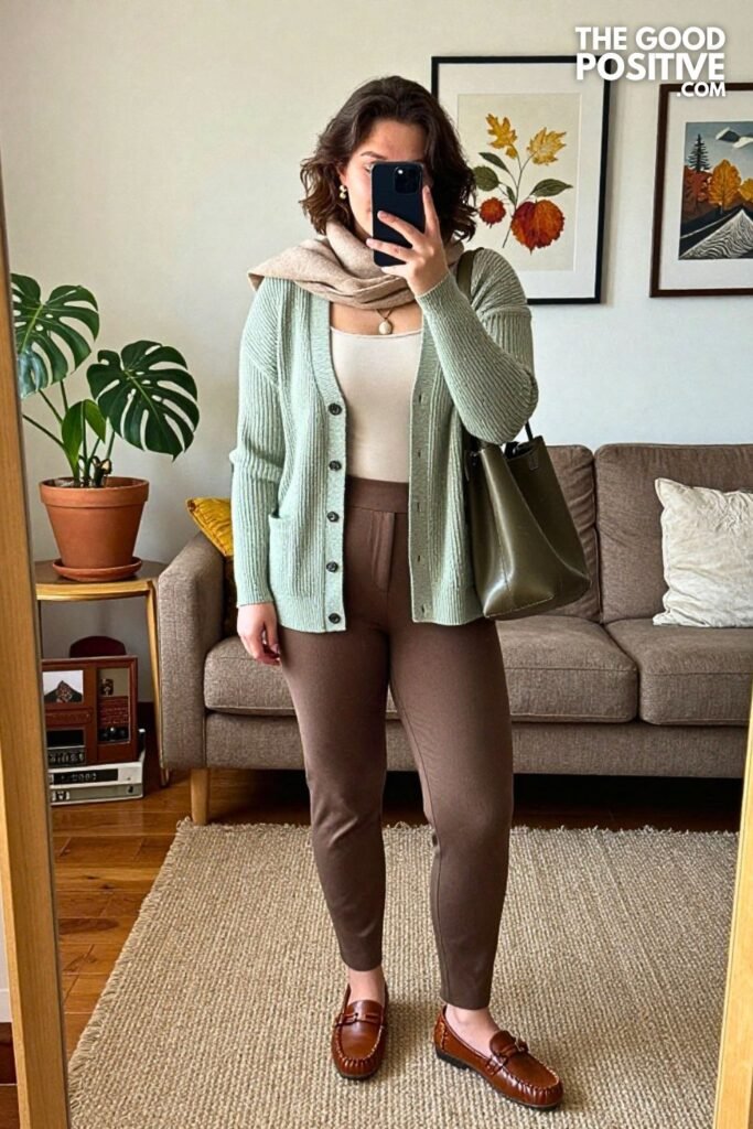 Sage Ribbed Cardigan with Walnut Slip-On Trousers
