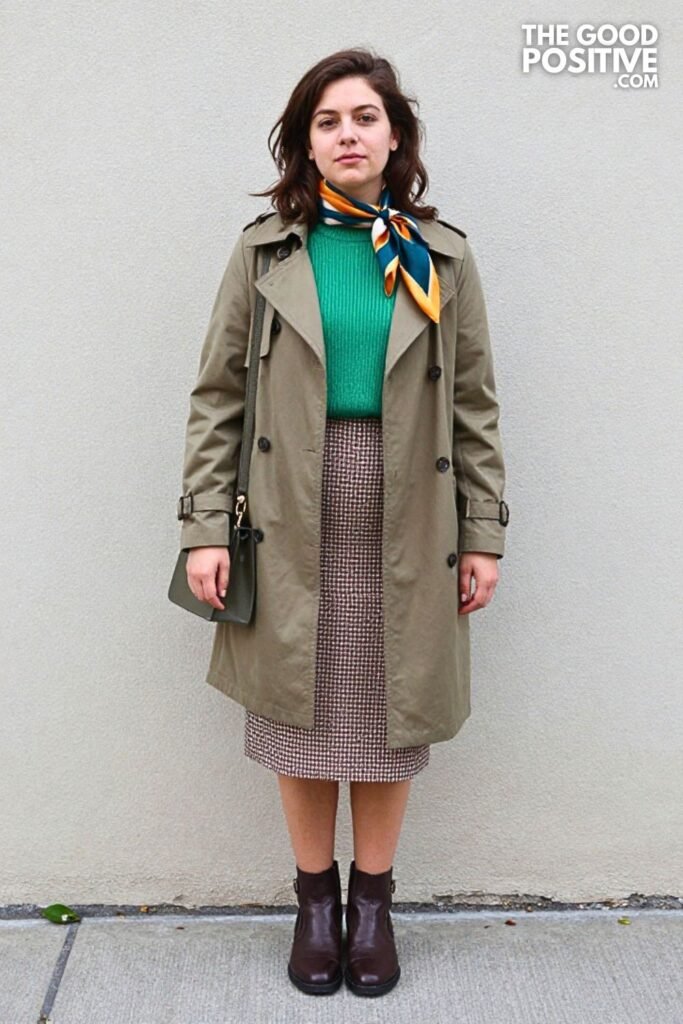 Sage Ribbed Sweater with Cocoa Checked Midi Skirt
