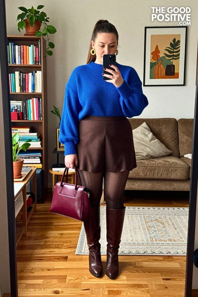 Sapphire Funnel Neck Sweater with Chocolate Balloon Skirt